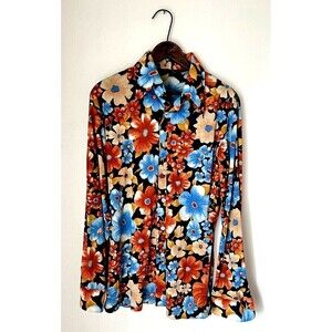Vintage Career Club Floral Polyester Button Up Collared Shirt